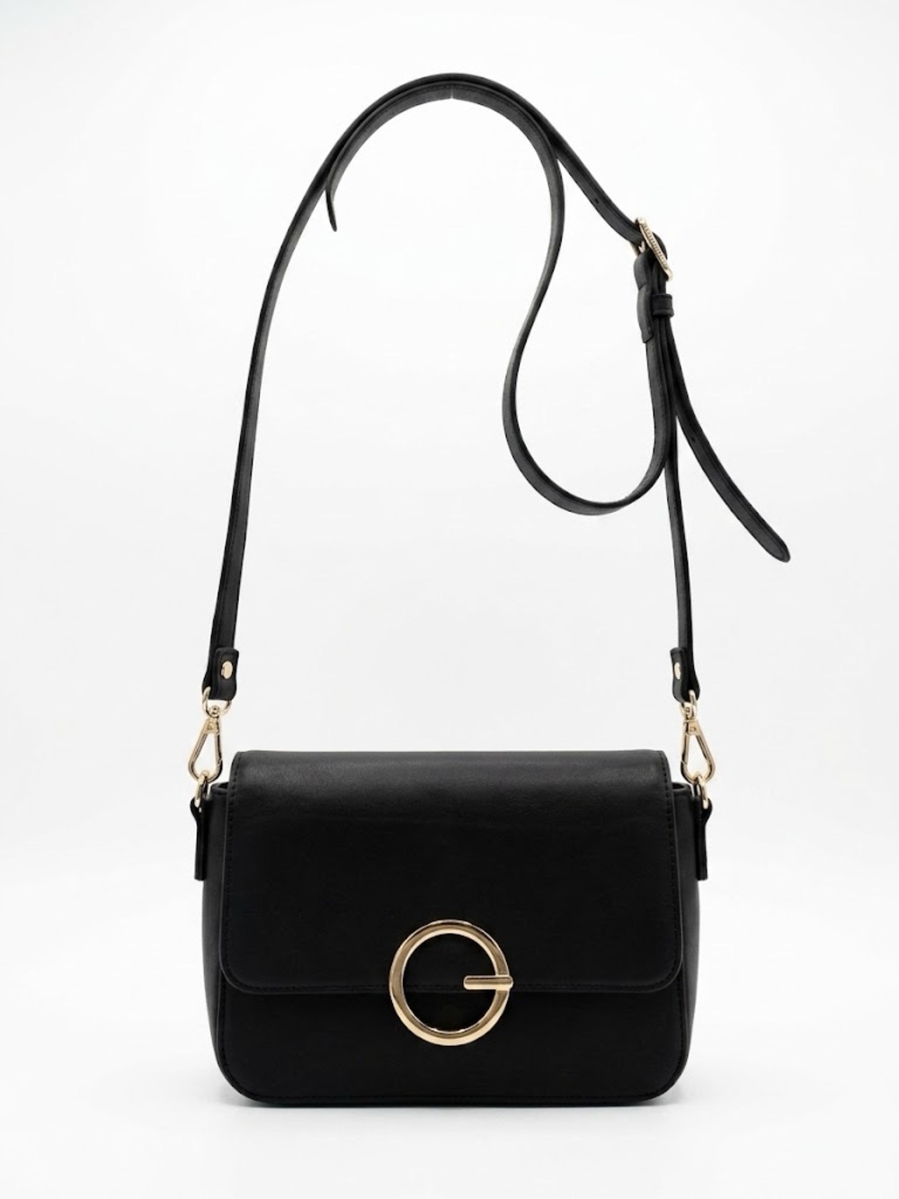 Minimalist Black Crossbody Bag with Gold Ring Accent